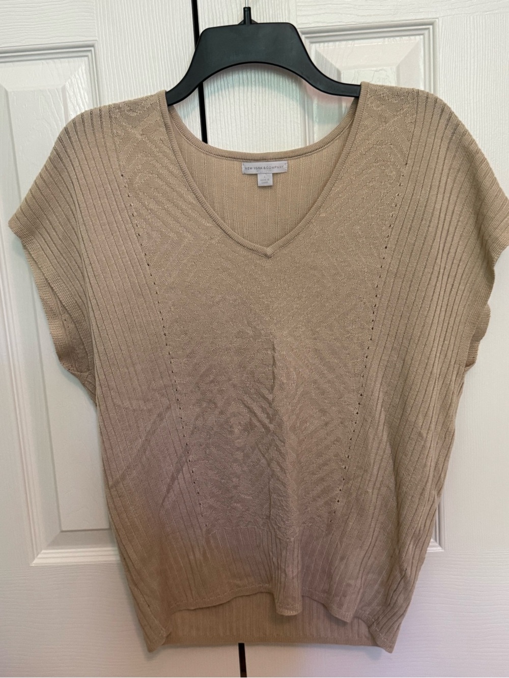 New York & Company Ribbed V-Neck Knit Top in Beige